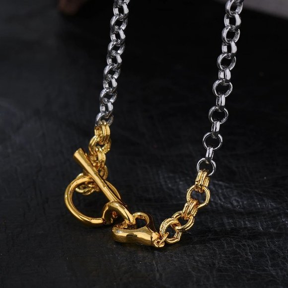 NEW Two Tone 18K Gold Plated Circle Bar Toggle Link Chain Necklace - Picture 3 of 5